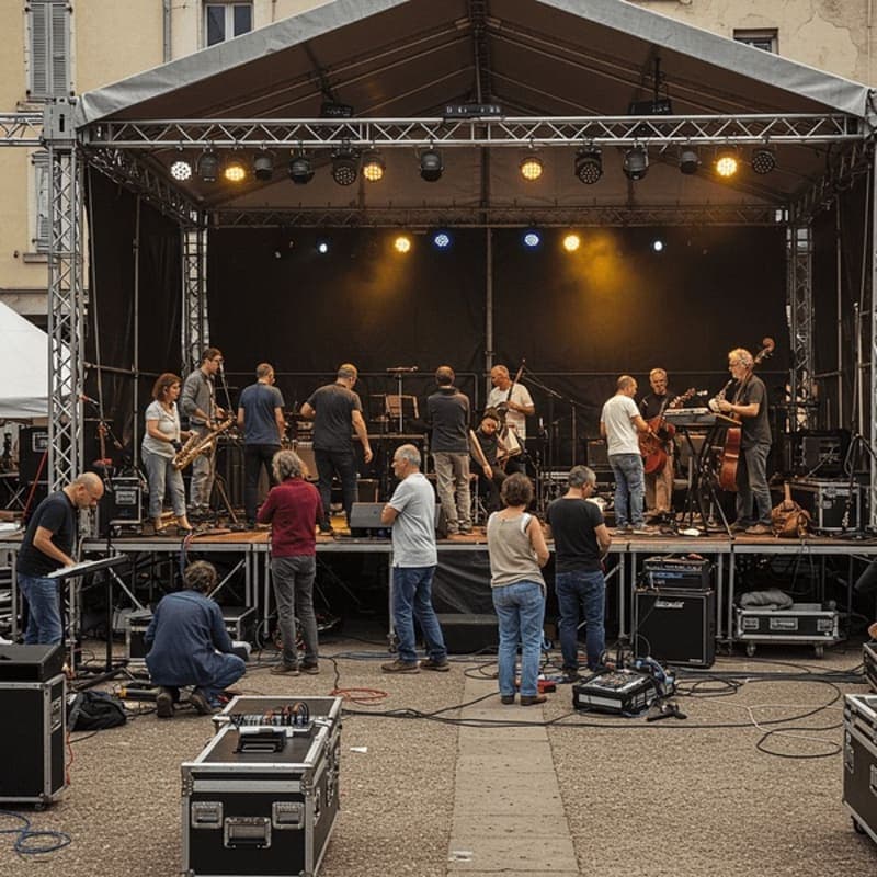 Scène du festival Jazz en Tech avec musiciens et équipe technique
